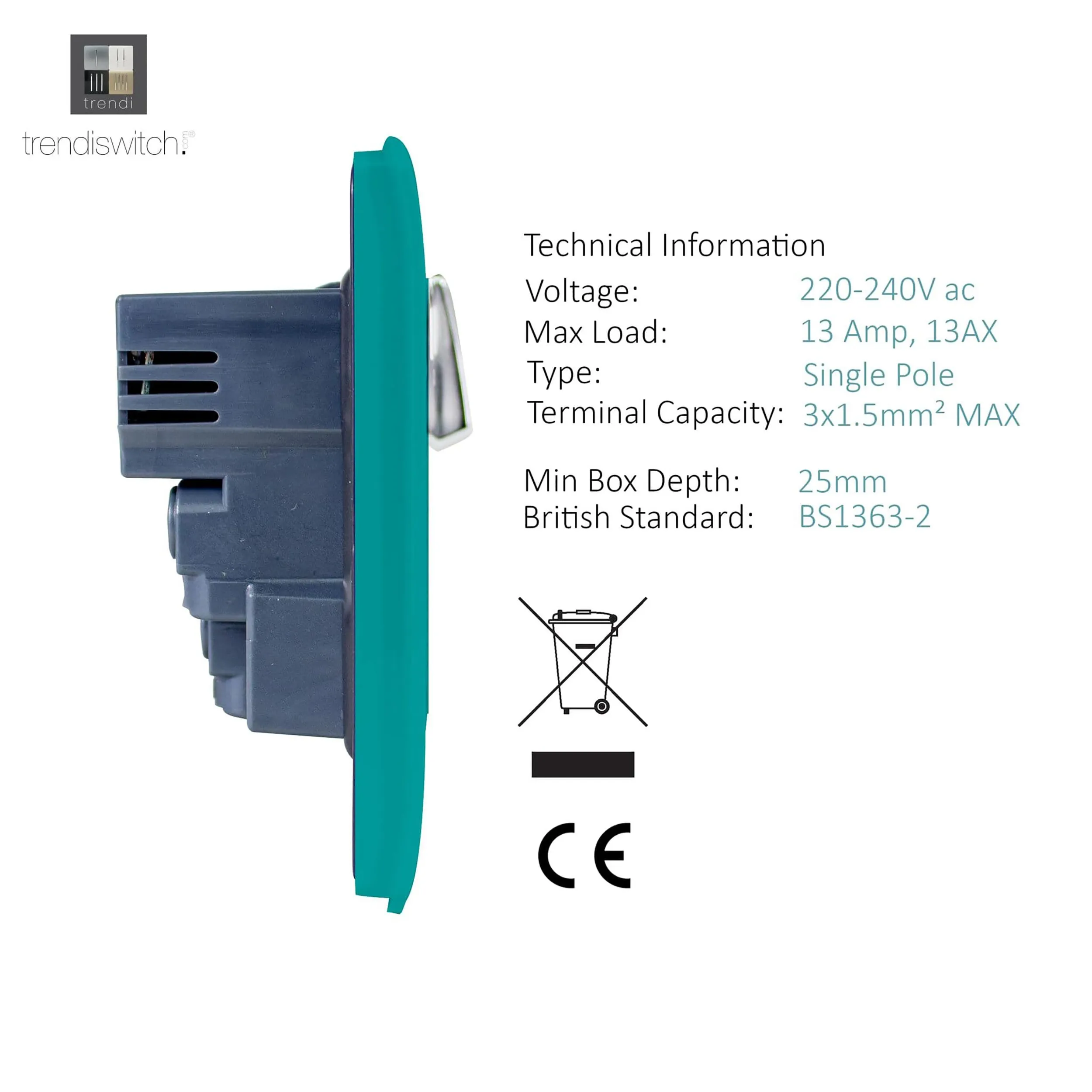 1 Gang 13Amp Switched Single Socket With 2 x USB Bright Teal ART-SKT13USBBT  Trendi Bright Teal